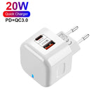 YSY-6087PD 20W PD3.0 + QC3.0 デュアル高速充電トラベルチャージャー Type-C to Type-Cデータケーブル付き、EUプラグ、USプラグ、UKプラグ