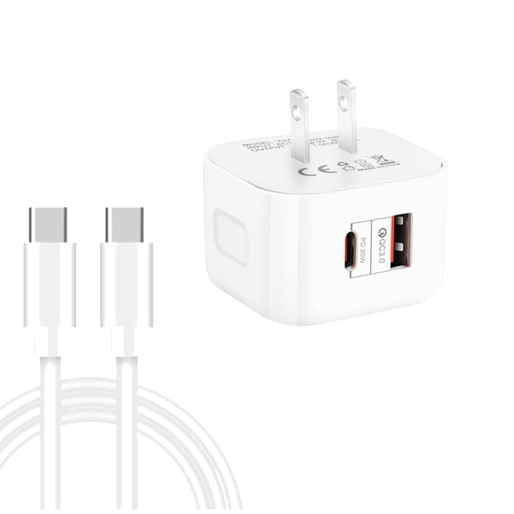 YSY-6087PD 20W PD3.0 + QC3.0 デュアル高速充電トラベルチャージャー Type-C to Type-Cデータケーブル付き、EUプラグ、USプラグ、UKプラグ