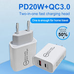 デュアル急速充電 20W PD3.0+QC 3.0インターフェーストラベルチャージャー iPhone、Huawei、Samsung、Xiaomi対応、EUプラグ、USプラグ、AUプラグ