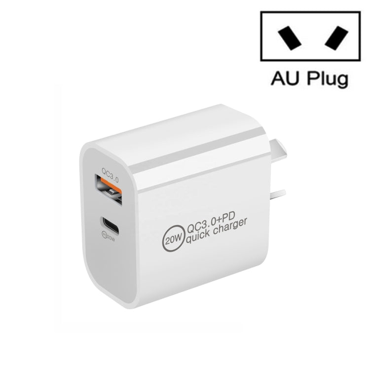 デュアル急速充電 20W PD3.0+QC 3.0インターフェーストラベルチャージャー iPhone、Huawei、Samsung、Xiaomi対応、EUプラグ、USプラグ、AUプラグ