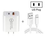 20W PD Type-C + QC 3.0 USBインターフェース急速充電トラベルチャージャー USBからType-C高速充電データケーブル付き、EUプラグ、USプラグ、AUプラグ