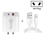 20W PD Type-C + QC 3.0 USBインターフェース急速充電トラベルチャージャー USBからType-C高速充電データケーブル付き、EUプラグ、USプラグ、AUプラグ