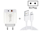 20W PD Type-C + QC 3.0 USBインターフェース急速充電トラベルチャージャー USB to 8ピン急速充電データケーブル付き、EUプラグ、USプラグ、AUプラグ