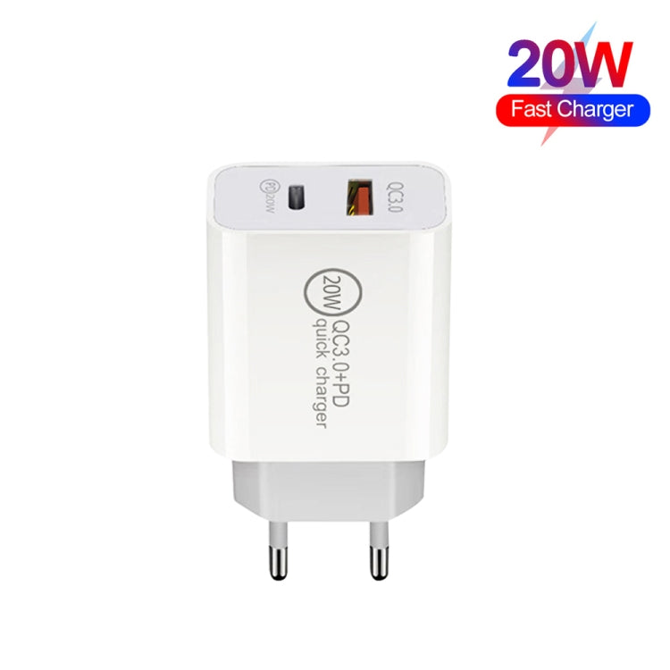 20W PD Type-C + QC 3.0 USBインターフェース急速充電トラベルチャージャー USB to 8ピン急速充電データケーブル付き、EUプラグ、USプラグ、AUプラグ