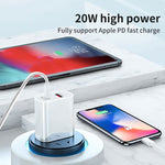 20W PD Type-C + QC 3.0 USBインターフェース急速充電トラベルチャージャー USB to 8ピン急速充電データケーブル付き、EUプラグ、USプラグ、AUプラグ