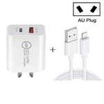 20W PD Type-C + QC 3.0 USBインターフェース急速充電トラベルチャージャー USB to 8ピン急速充電データケーブル付き、EUプラグ、USプラグ、AUプラグ