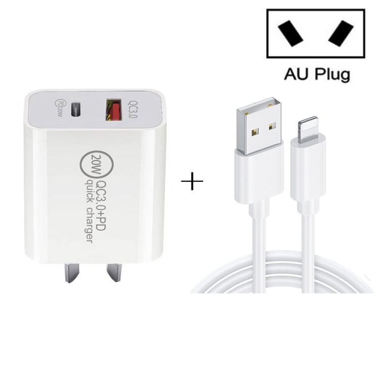 20W PD Type-C + QC 3.0 USBインターフェース急速充電トラベルチャージャー USB to 8ピン急速充電データケーブル付き、EUプラグ、USプラグ、AUプラグ