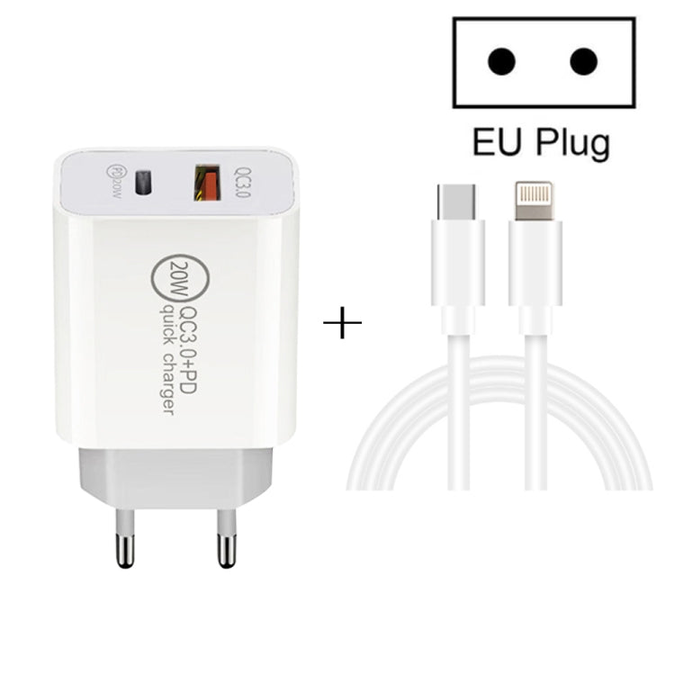 20W PD Type-C + QC 3.0 USBインターフェース急速充電トラベルチャージャー USB-C / Type-C to 8ピン急速充電データケーブル付き、EUプラグ、USプラグ、AUプラグ
