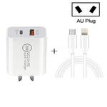 20W PD Type-C + QC 3.0 USBインターフェース急速充電トラベルチャージャー USB-C / Type-C to 8ピン急速充電データケーブル付き、EUプラグ、USプラグ、AUプラグ