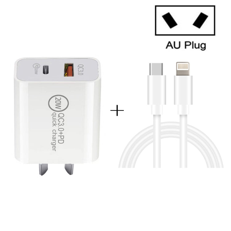20W PD Type-C + QC 3.0 USBインターフェース急速充電トラベルチャージャー USB-C / Type-C to 8ピン急速充電データケーブル付き、EUプラグ、USプラグ、AUプラグ
