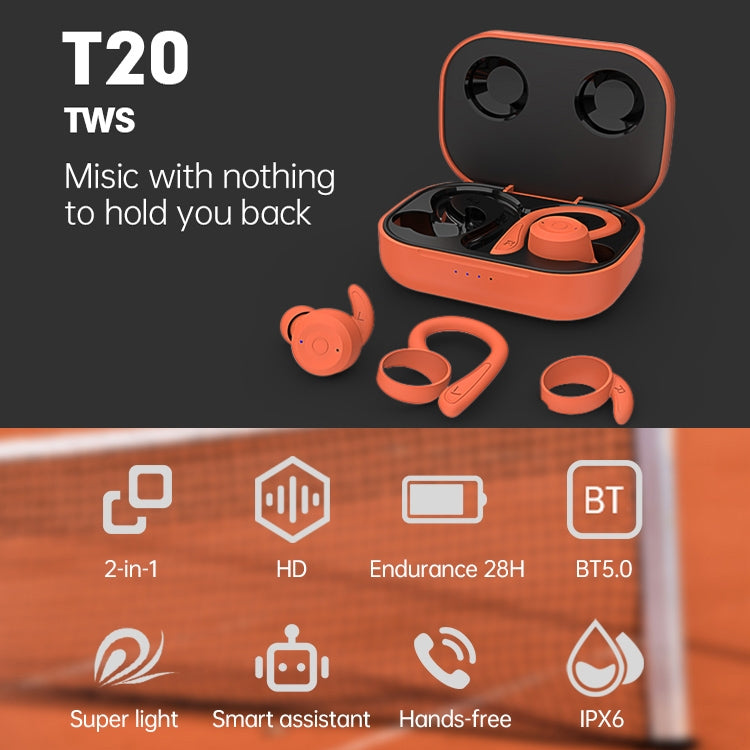 T20 TWS Bluetooth フック付き ワイヤレススポーツヘッドホン 充電ケース付き IPX6 防水 ノイズキャンセリングイヤホン