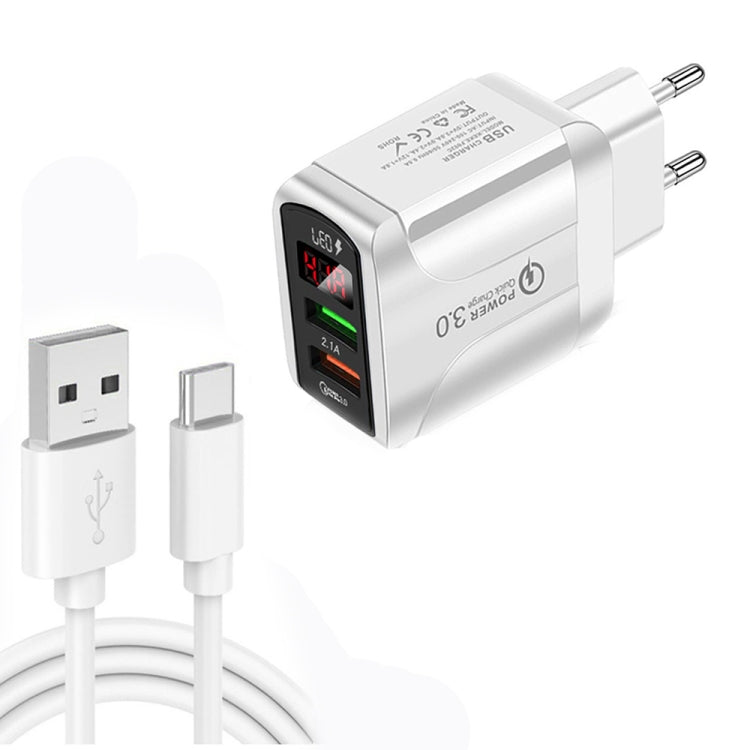F002C QC3.0 USB + USB 2.0 LEDデジタルディスプレイ高速充電器 USB to Type-Cデータケーブル付き、EUプラグ + Type-Cケーブル
