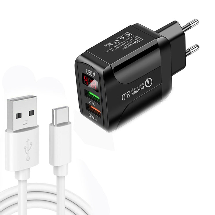 F002C QC3.0 USB + USB 2.0 LEDデジタルディスプレイ高速充電器 USB to Type-Cデータケーブル付き、EUプラグ + Type-Cケーブル