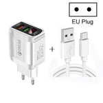F002C QC3.0 USB + USB 2.0 LEDデジタルディスプレイ高速充電器 USB to Type-Cデータケーブル付き、EUプラグ + Type-Cケーブル