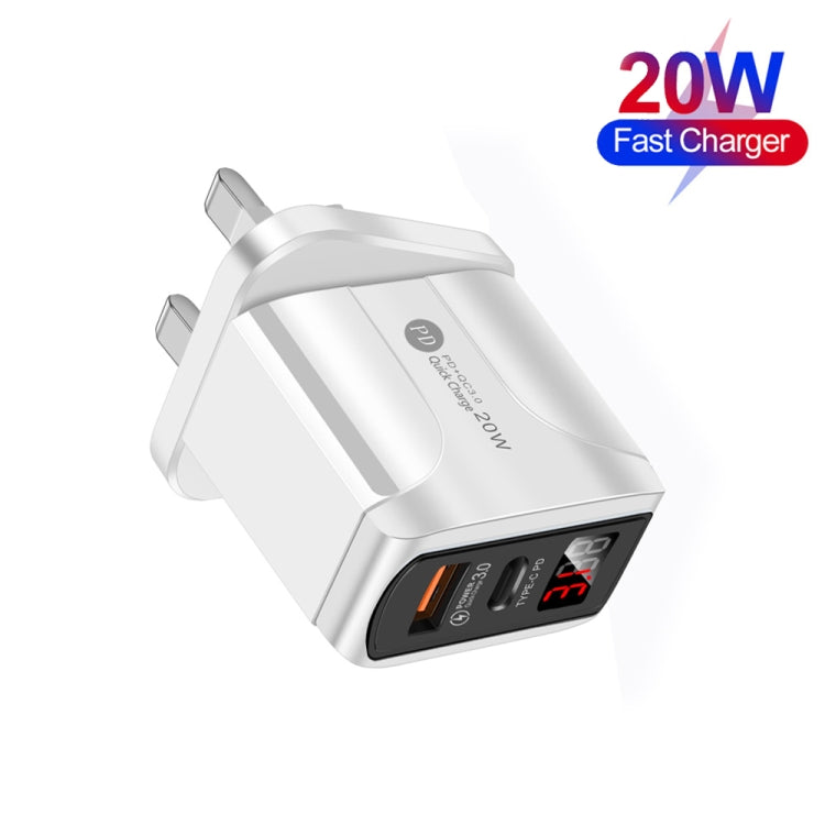 F002C QC3.0 USB + USB 2.0 LEDデジタルディスプレイ高速充電器 USB to Type-Cデータケーブル付き、UKプラグ + Type-Cケーブル