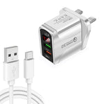 F002C QC3.0 USB + USB 2.0 LEDデジタルディスプレイ高速充電器 USB to Type-Cデータケーブル付き、UKプラグ + Type-Cケーブル