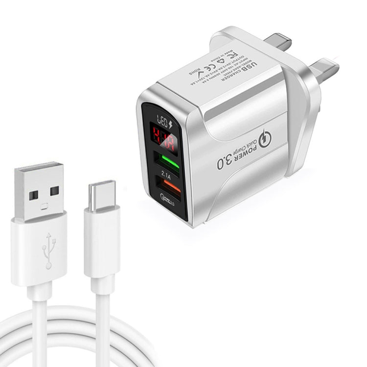 F002C QC3.0 USB + USB 2.0 LEDデジタルディスプレイ高速充電器 USB to Type-Cデータケーブル付き、UKプラグ + Type-Cケーブル