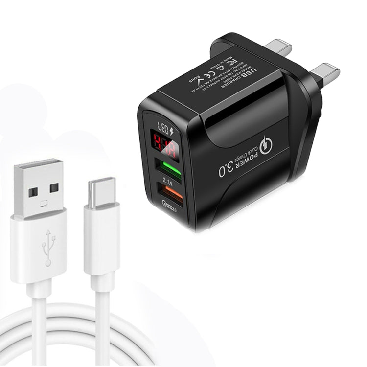 F002C QC3.0 USB + USB 2.0 LEDデジタルディスプレイ高速充電器 USB to Type-Cデータケーブル付き、UKプラグ + Type-Cケーブル