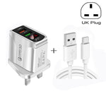 F002C QC3.0 USB + USB 2.0 LEDデジタルディスプレイ高速充電器 USB to Type-Cデータケーブル付き、UKプラグ + Type-Cケーブル