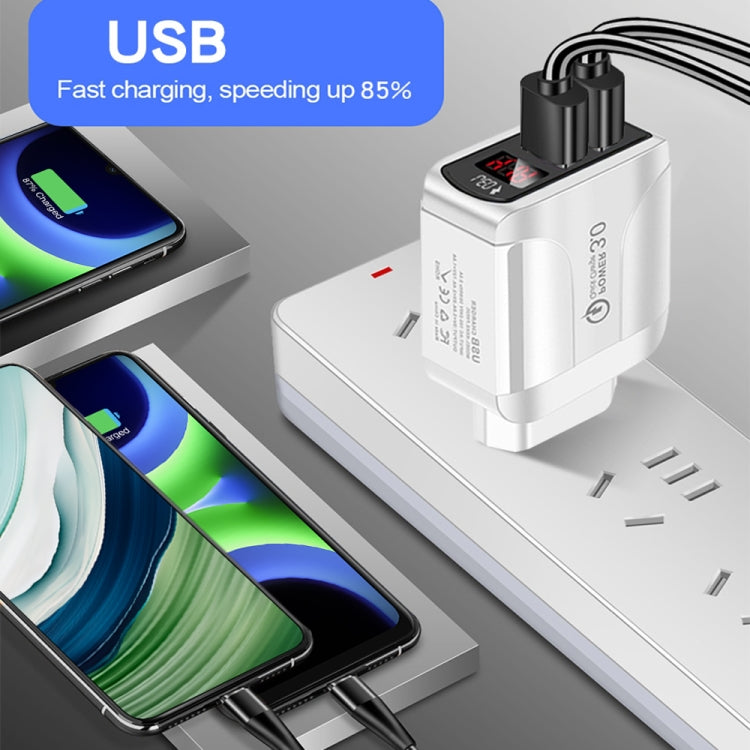 F002C QC3.0 USB + USB 2.0 LEDデジタルディスプレイ高速充電器 USB to Type-Cデータケーブル付き、UKプラグ + Type-Cケーブル