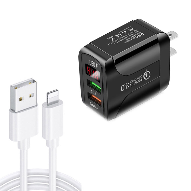 F002C QC3.0 USB + USB 2.0 LEDデジタルディスプレイ急速充電器 USB to 8ピンデータケーブル付き、USプラグ、USプラグ + 8ピンケーブル