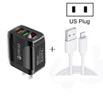 F002C QC3.0 USB + USB 2.0 LEDデジタルディスプレイ急速充電器 USB to 8ピンデータケーブル付き、USプラグ、USプラグ + 8ピンケーブル
