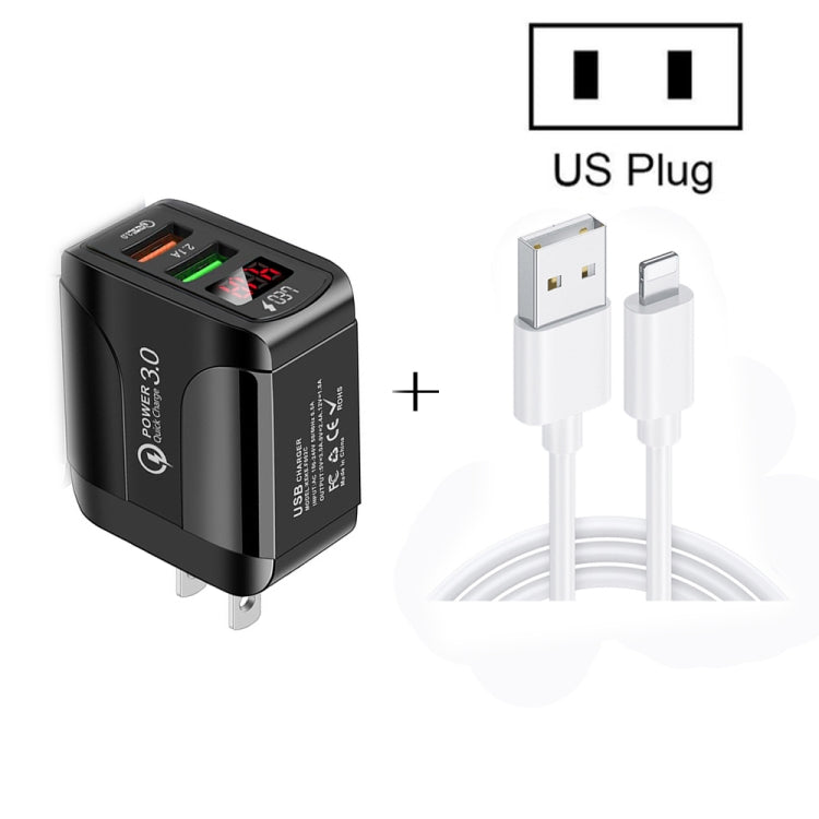 F002C QC3.0 USB + USB 2.0 LEDデジタルディスプレイ急速充電器 USB to 8ピンデータケーブル付き、USプラグ、USプラグ + 8ピンケーブル