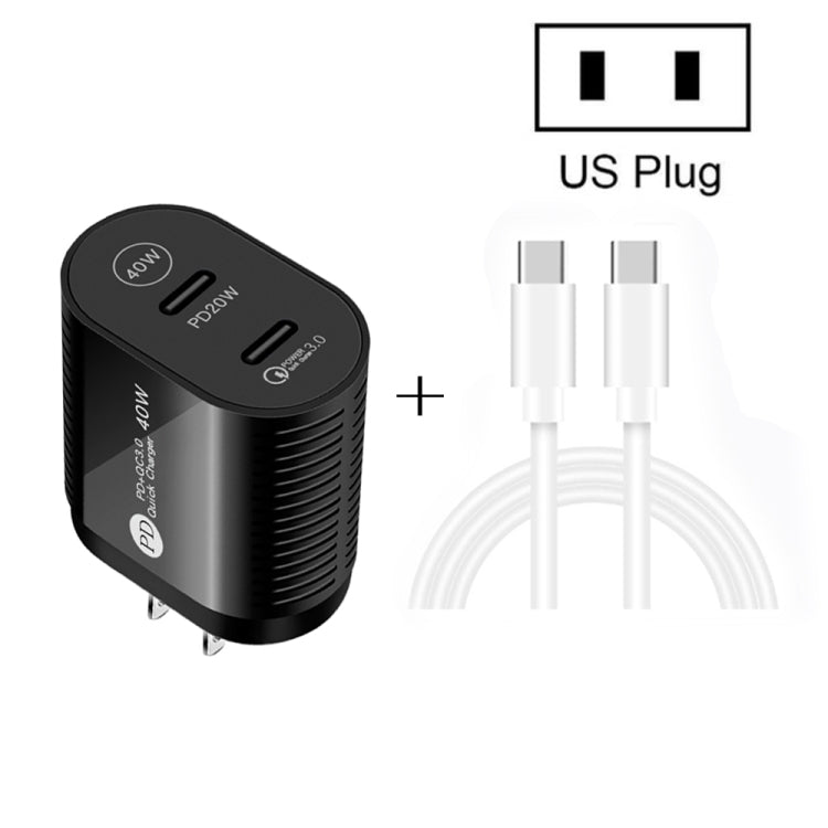 40W デュアルポート PD / Type-C 高速充電器 Type-C to Type-Cデータケーブル付き、USプラグ + Type-C to Type-Cケーブル