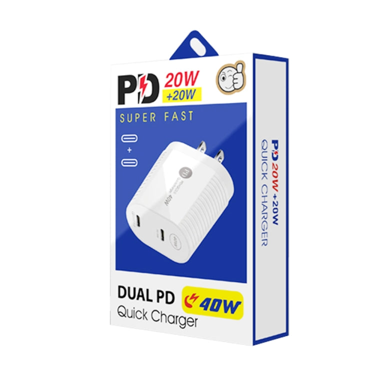 40W デュアルポート PD / Type-C 高速充電器 Type-C to Type-Cデータケーブル付き、USプラグ + Type-C to Type-Cケーブル