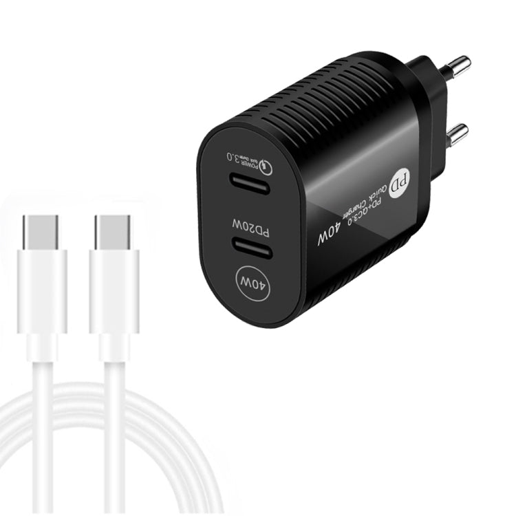 40W デュアルポート PD / Type-C 高速充電器 Type-C to Type-Cデータケーブル付き、EUプラグ + Type-C to Type-Cケーブル