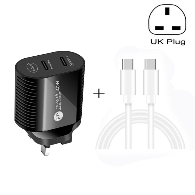 40W デュアルポート PD / Type-C 高速充電器 Type-C to Type-Cデータケーブル付き、UKプラグ + Type-C to Type-Cケーブル
