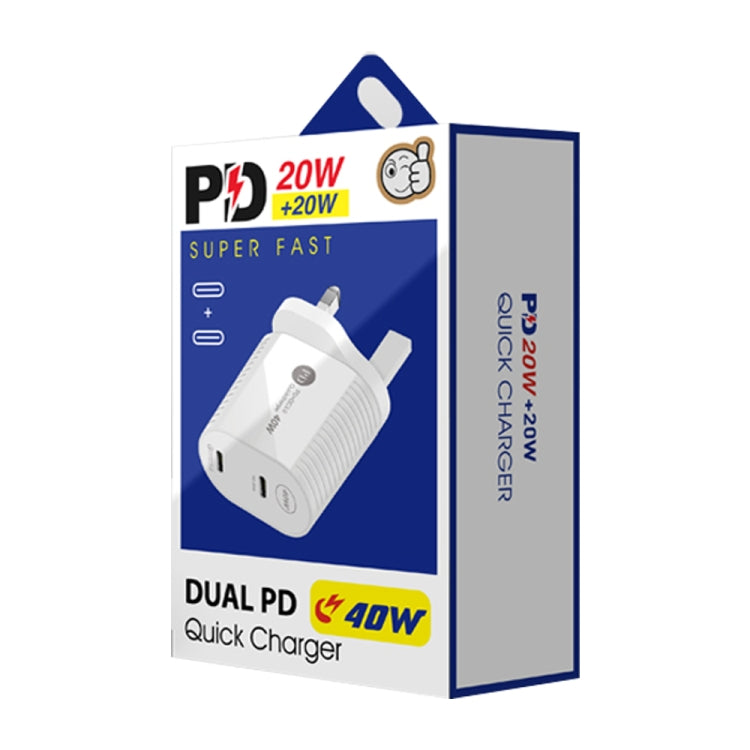 40W デュアルポート PD / Type-C 高速充電器 Type-C to Type-Cデータケーブル付き、UKプラグ + Type-C to Type-Cケーブル