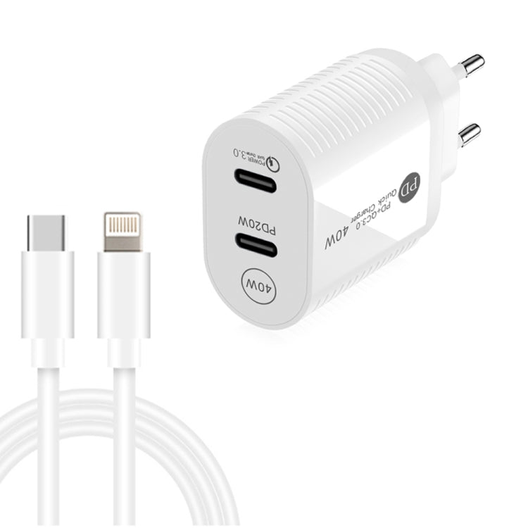 40W デュアルポート PD / Type-C 急速充電器 Type-C to 8ピンデータケーブル付き、EUプラグ、EUプラグ + Type-C to 8ピンケーブル