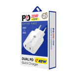 40W デュアルポート PD / Type-C 急速充電器 Type-C to 8ピンデータケーブル付き、EUプラグ、EUプラグ + Type-C to 8ピンケーブル