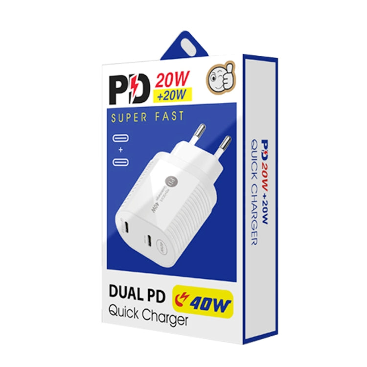 40W デュアルポート PD / Type-C 急速充電器 Type-C to 8ピンデータケーブル付き、EUプラグ、EUプラグ + Type-C to 8ピンケーブル