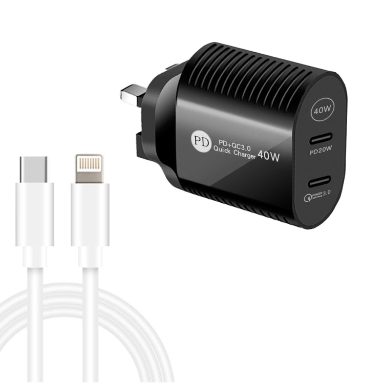 40W デュアルポート PD / Type-C 急速充電器 Type-C to 8ピンデータケーブル付き、UKプラグ、UKプラグ + Type-C to 8ピンケーブル