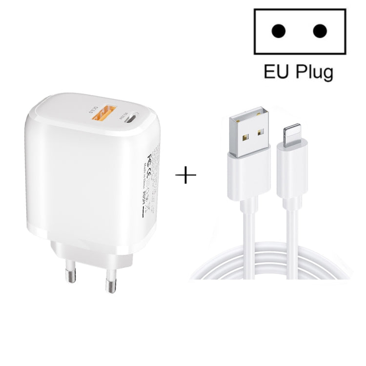 CS-20W ミニポータブル PD3.0 + QC3.0 デュアルポート急速充電器 3A USB to 8ピンデータケーブル付き、充電器 + USB to 8ピンケーブル