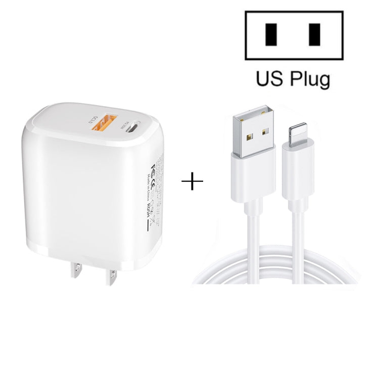 CS-20W ミニポータブル PD3.0 + QC3.0 デュアルポート急速充電器 3A USB to 8ピンデータケーブル付き、充電器 + USB to 8ピンケーブル