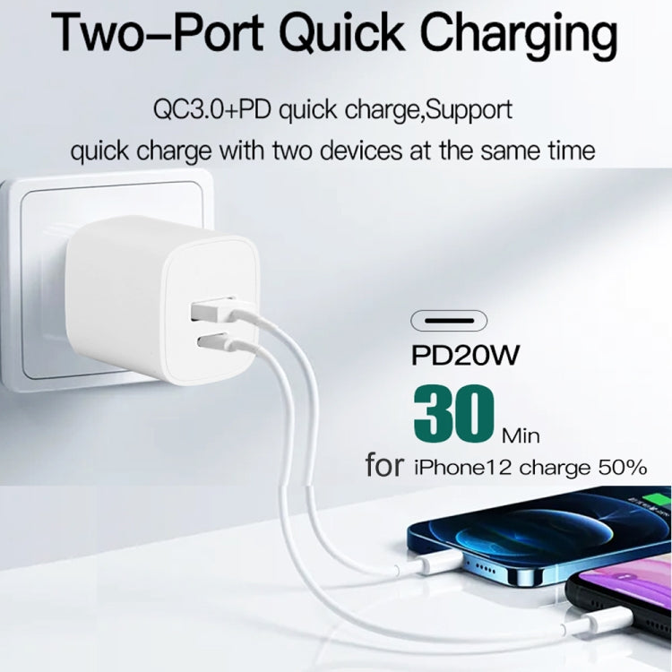 CS-20W ミニポータブル PD3.0 + QC3.0 デュアルポート急速充電器 3A USB to 8ピンデータケーブル付き、充電器 + USB to 8ピンケーブル