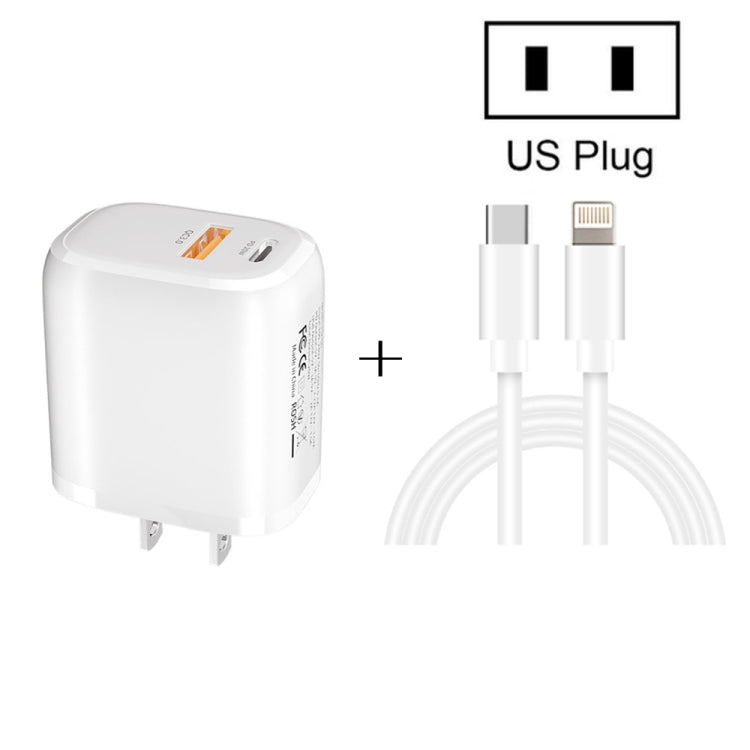 CS-20W ミニポータブル PD3.0 + QC3.0 デュアルポート急速充電器 3A Type-C to 8ピンデータケーブル付き、充電器 + Type-C to 8ピンケーブル