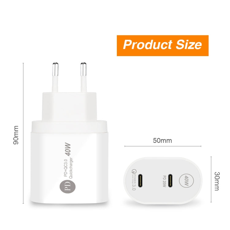 002 40W デュアルポート PD / Type-C 急速充電器 iPhone / iPadシリーズ用、EUプラグ、EUプラグ