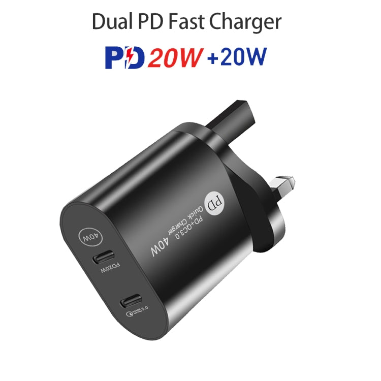002 40W デュアルポート PD / Type-C 急速充電器 USB-C to 8ピンデータケーブル付き、UKプラグ、UKプラグ + Type-C to 8ピンケーブル