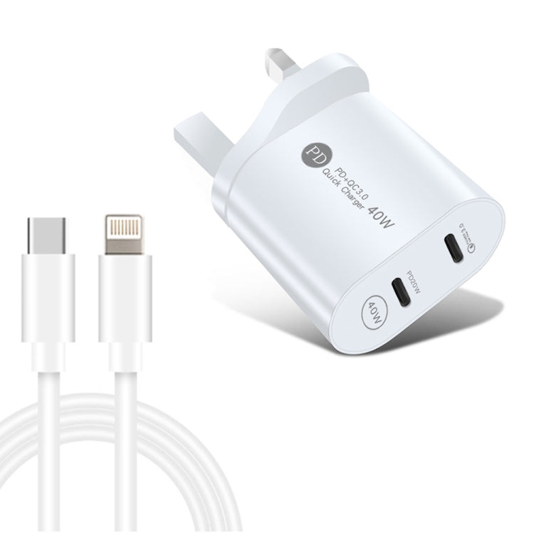 002 40W デュアルポート PD / Type-C 急速充電器 USB-C to 8ピンデータケーブル付き、UKプラグ、UKプラグ + Type-C to 8ピンケーブル