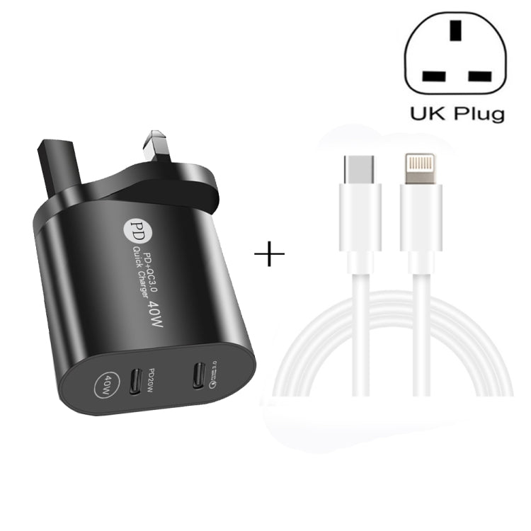 002 40W デュアルポート PD / Type-C 急速充電器 USB-C to 8ピンデータケーブル付き、UKプラグ、UKプラグ + Type-C to 8ピンケーブル