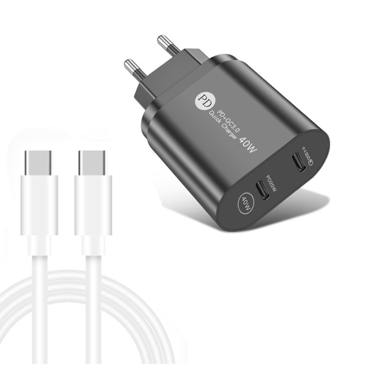 002 40W PD3.0 デュアルポート USB-C / Type-C充電器 Type-C to Type-Cデータケーブル付き、EUプラグ + Type-C to Type-Cケーブル