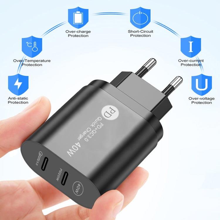 002 40W PD3.0 デュアルポート USB-C / Type-C充電器 Type-C to Type-Cデータケーブル付き、EUプラグ + Type-C to Type-Cケーブル