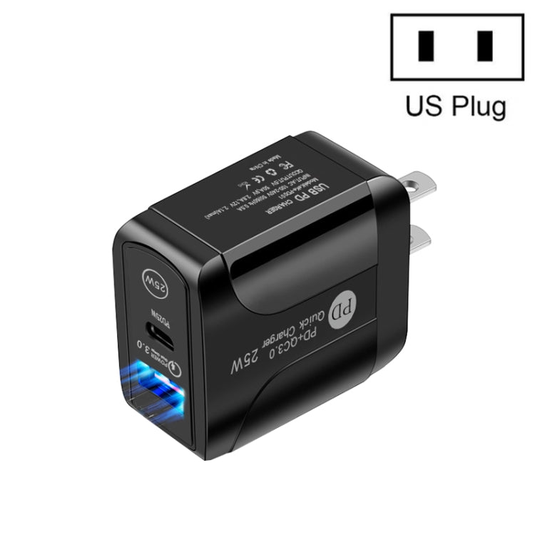 PD25W USB-C / Type-C + QC3.0 USB デュアルポート急速充電器、USプラグ、USプラグ