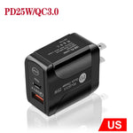 PD25W USB-C / Type-C + QC3.0 USB デュアルポート急速充電器、USプラグ、USプラグ