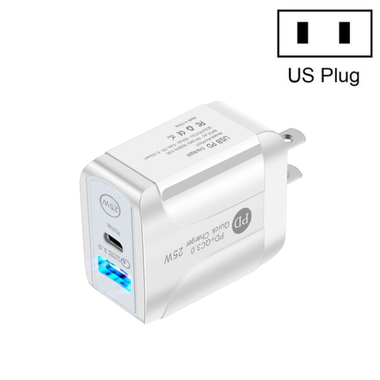 PD25W USB-C / Type-C + QC3.0 USB デュアルポート急速充電器、USプラグ、USプラグ