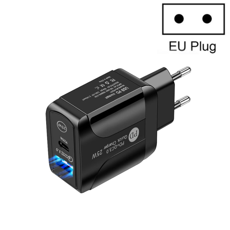 PD25W USB-C / Type-C + QC3.0 USB デュアルポート急速充電器、EUプラグ、EUプラグ
